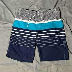 Mens Striped Color Block Quick-Dry Board Shorts with Pocket